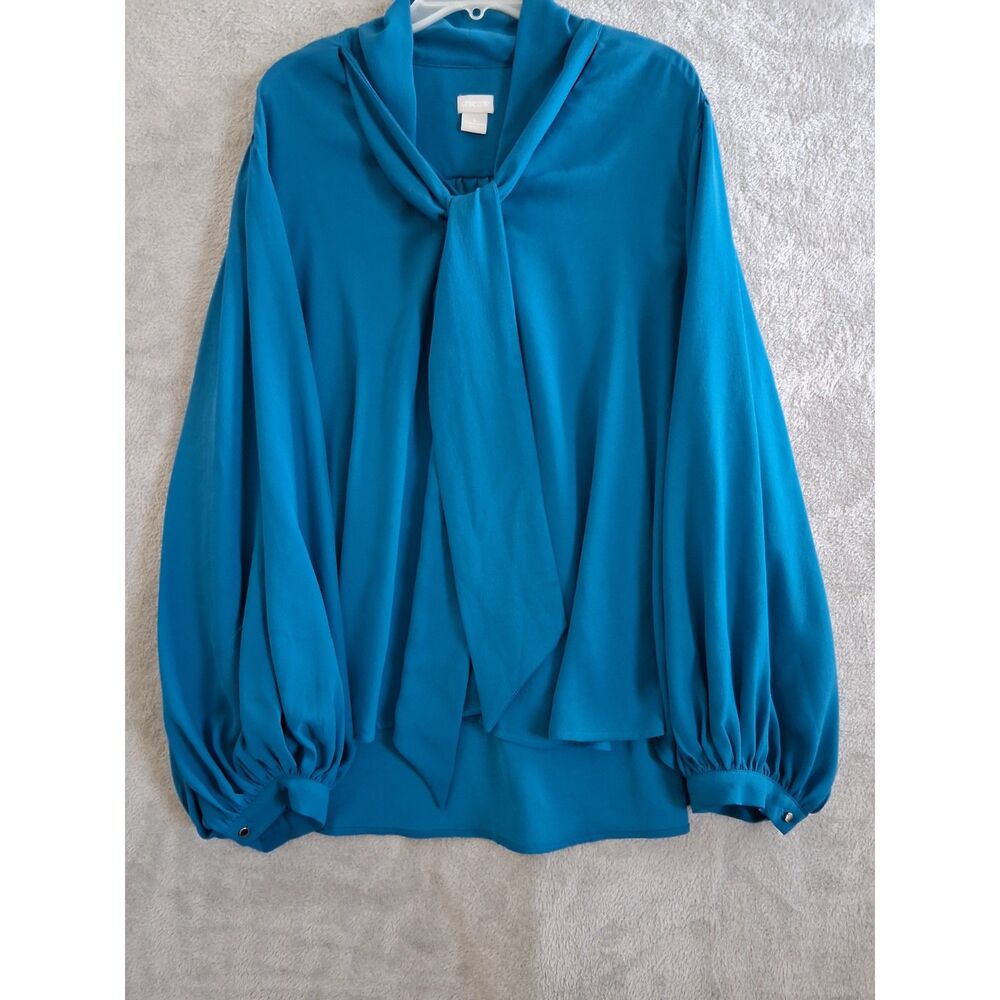 Chicos Sz 4 / 20 Bow Tie Neck Blouse Balloon Sleeve Crepe Evening Career Elegant